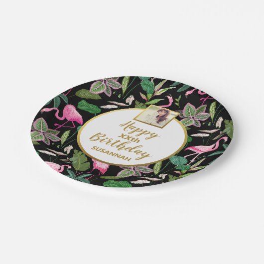 トロピカルルアウ（ハワイ式宴会）フラミンゴパ葉ームズ誕生日写真 ペーパープレート (アングル)