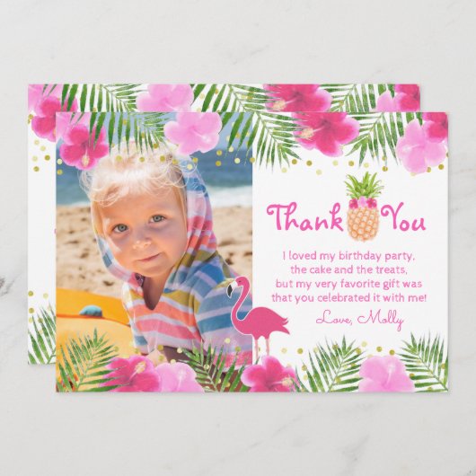トロピカルルアウ（ハワイ式宴会）フラミンゴ誕生日ガールサンキュー サンキューカード (正面/裏面)