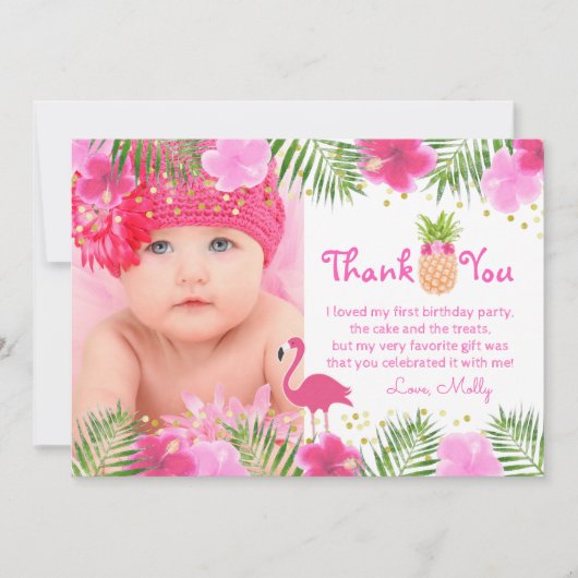 トロピカルルアウ（ハワイ式宴会）フラミンゴ1stバースデーガールサンキュー サンキューカード (正面)