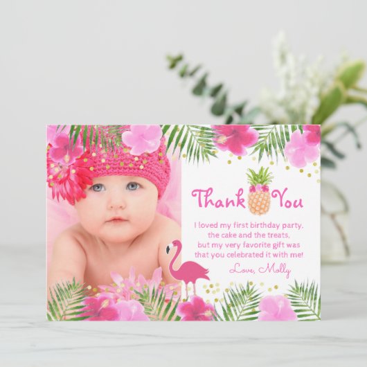 トロピカルルアウ（ハワイ式宴会）フラミンゴ1stバースデーガールサンキュー サンキューカード (スタンド正面)