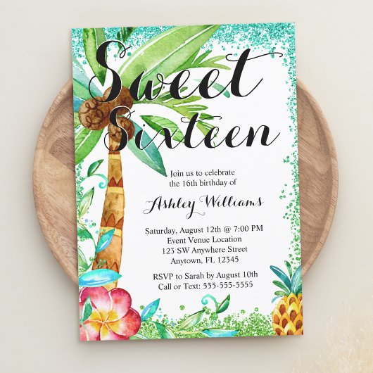 トロピカルルアウ 水彩 擬似グリッター スウィート16 招待状