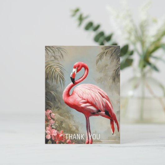 トロピカルレイクサイドピンクフラミンゴヴィンテージ ポストカード (スタンド正面)