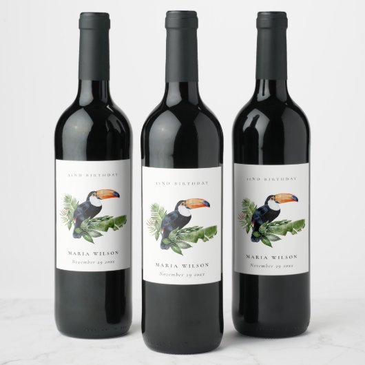トロピカルレインフォレストのオウムの動物　あらゆる年齢の誕生日 ワインラベル (ボトル)