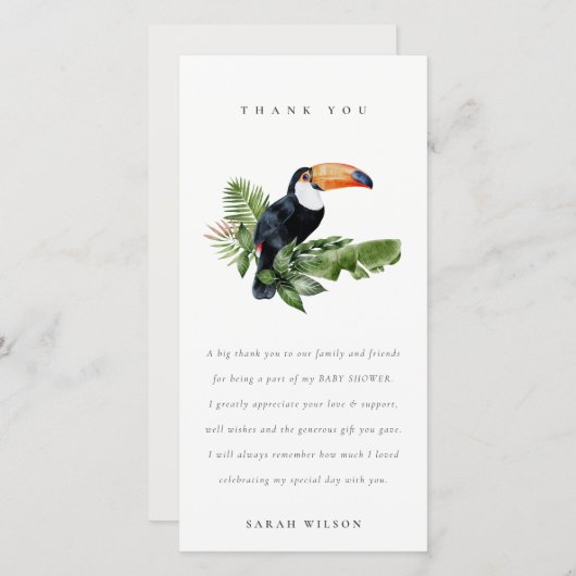 トロピカルレインフォレストのオウムの葉のベイビーシャワー サンキューカード (正面/裏面)
