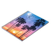 トロピカルレインボーカラーパームツリーサンセットモノグラム ノートブック (左側)