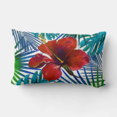 トロピカルレッドハイビスカスフローラダークティール（緑がかった色）葉 ランバークッション (裏面)