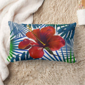 トロピカルレッドハイビスカスフローラダークティール（緑がかった色）葉 ランバークッション (ブランケット)