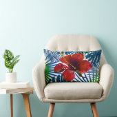 トロピカルレッドハイビスカスフローラダークティール（緑がかった色）葉 ランバークッション (椅子)