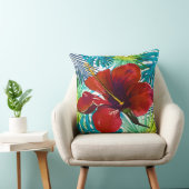 トロピカルレッドハイビスカスフローラティール(緑がかった色)グリーンリービーチ クッション (椅子)