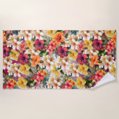 トロピカルレッドホワイトイエローオレンジハイビスカスフローラ ビーチタオル (正面)
