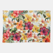トロピカルレッドホワイトイエローミントハイビスカスフローラ キッチンタオル (横)