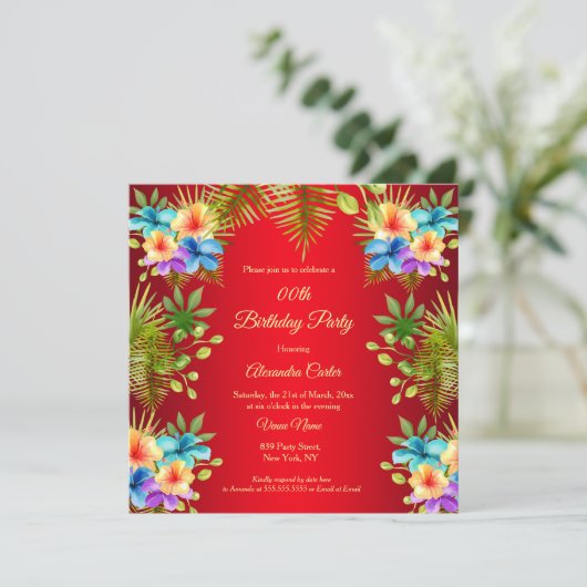 トロピカルレッドミックスドカラーイエローフローラ誕生日 招待状 (スタンド正面)