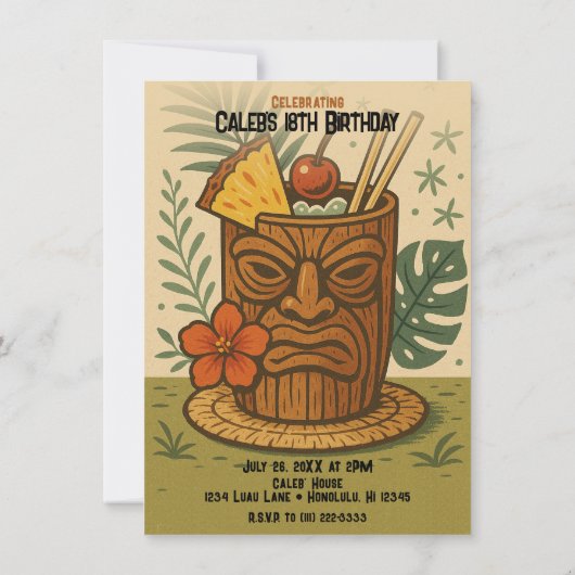 トロピカルレトロティキドリンクハワイアンルアウ（ハワイ式宴会）誕生日 招待状 (裏面)