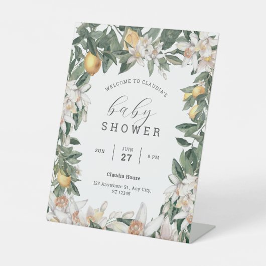 トロピカルレモンシトラス赤ちゃんシャワー水彩エンドウ 台座サイン (正面)