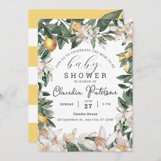 トロピカルレモンシトラス赤ちゃんシャワー水色 招待状 (正面/裏面)