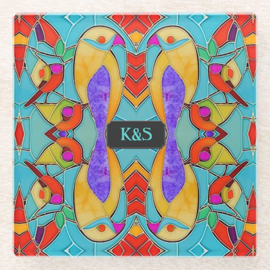 トロピカルロベバードカラフルガラスタイルカスタム ガラスコースター (正面)