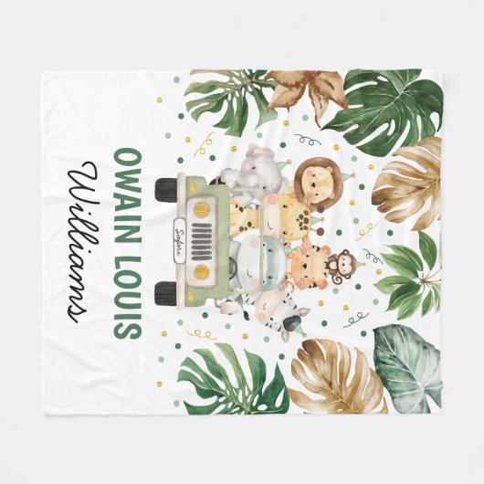 トロピカルワイルドパーティーアニマルズサファリボーイ子供部屋 フリースブランケット (正面(横))