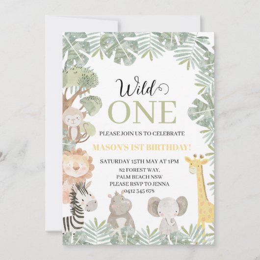 トロピカルワイルドワンサファリ動物の男の子1歳の誕生日 招待状 (正面)