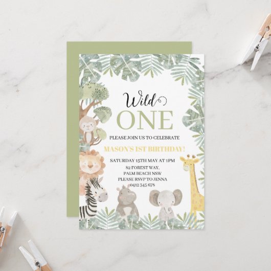 トロピカルワイルドワンサファリ動物の男の子1歳の誕生日 招待状 (正面/裏面インサイチュ)
