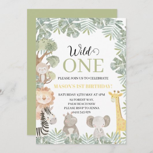 トロピカルワイルドワンサファリ動物の男の子1歳の誕生日 招待状 (正面/裏面)