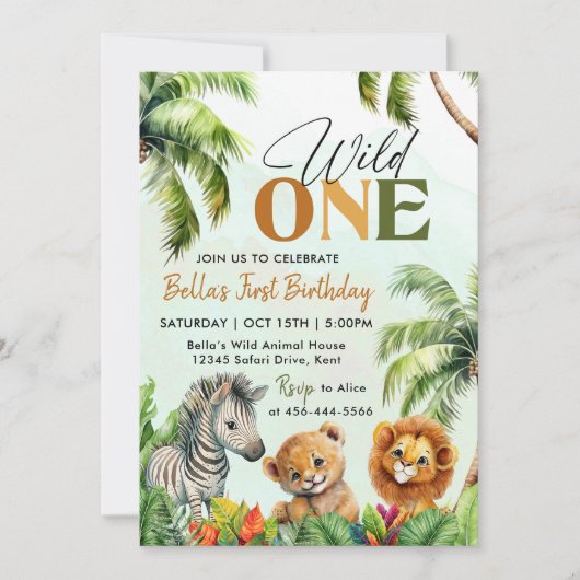 トロピカルワイルドワンジャングルサファリアニマルズ誕生日 招待状 (正面)