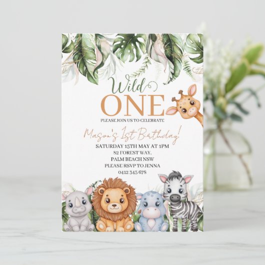 トロピカルワイルドワンジャングル動物の男の子1歳の誕生日 招待状 (スタンド正面)
