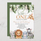 トロピカルワイルドワンジャングル動物の男の子1歳の誕生日 招待状 (正面/裏面)