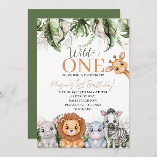 トロピカルワイルドワンジャングル動物の男の子1歳の誕生日 招待状 (正面/裏面)