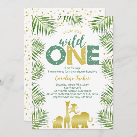 トロピカルワイルドワン金ゴールドサファリ動物ベビーシャワー 招待状 (正面/裏面)