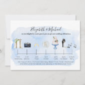 トロピカル図解入りの、写真付きのビーチ結婚式のタイムラインアイコン 招待状 (正面)