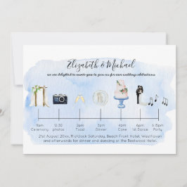 トロピカル図解入りの、写真付きのビーチ結婚式のタイムラインアイコン 招待状