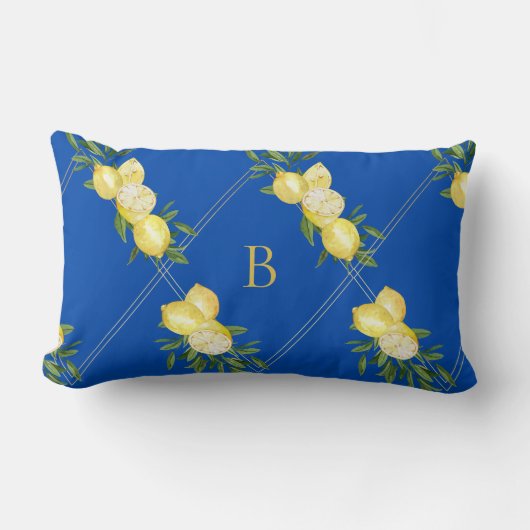 トロピカル地中海のコバルトブルーモノグラム ランバークッション (正面)