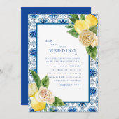 トロピカル地中海のブルー&レモン結婚ズマット 招待状 (正面/裏面)