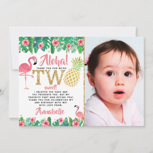 トロピカル夏ビーチルアウ（ハワイ式宴会）ガール写真2nd誕生日 サンキューカード (正面)