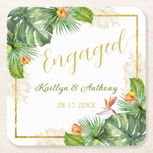 トロピカル婚約パーティウォーターカラーパームフローラ スクエアペーパーコースター (正面)