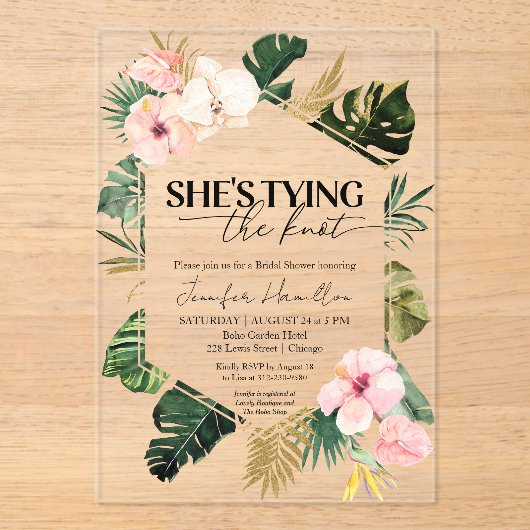トロピカル彼女は結び目のブライダルシャワー アクリル招待状 (正面)