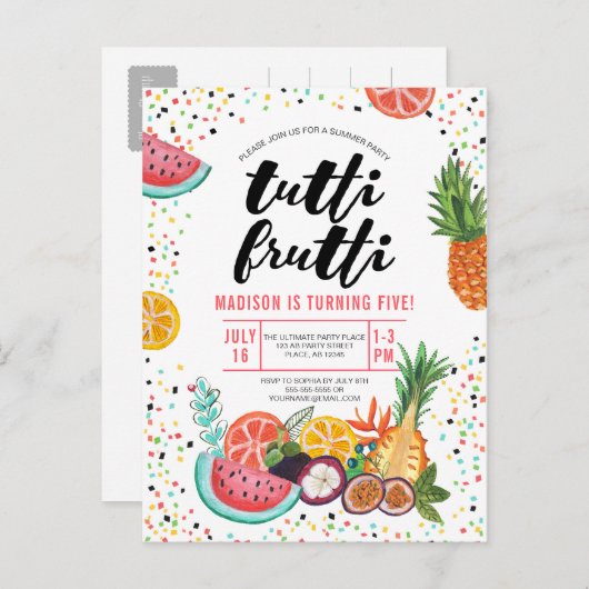 トロピカル数々のイエローカラートッティ果実 インビテーションポストカード (正面/裏面)