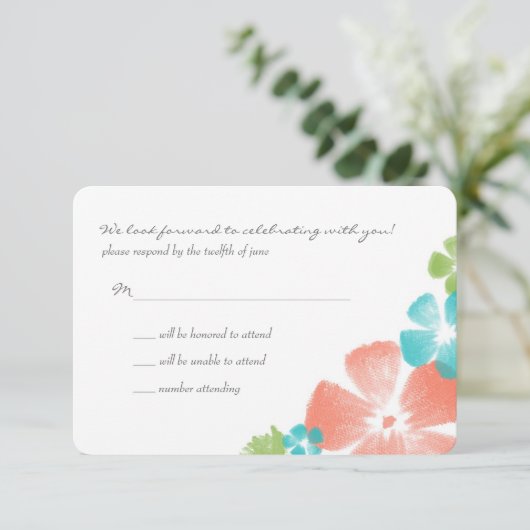 トロピカル数々のウォーターカラーフラワーウェディングRSVP 出欠カード (スタンド正面)