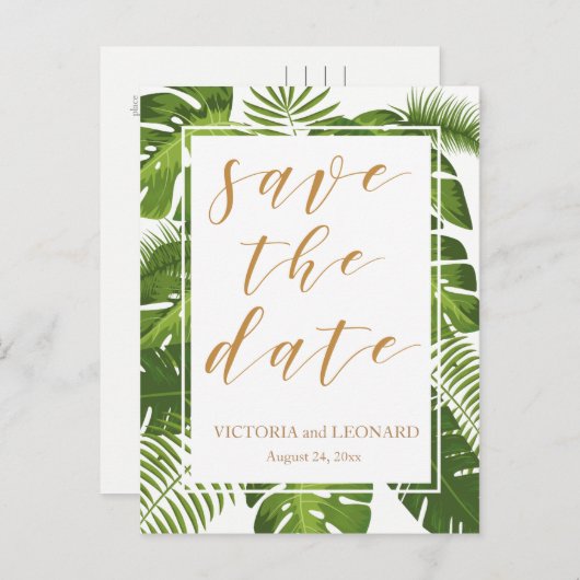 トロピカル日付金ゴールドの保存 | の結婚はがき 案内ポストカード (正面/裏面)