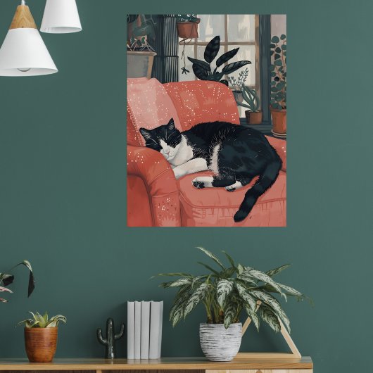 トロピカル昼寝:ジャングルホームの居心地の良い猫 ポスター (リビング1)