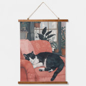トロピカル昼寝:ジャングルホームの居心地の良い猫 吊り下げ型タペストリー (正面)