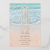 トロピカル海&サンディビーチの日付フォイルを保存 箔招待状 (正面)