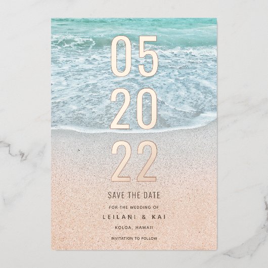 トロピカル海&サンディビーチの日付フォイルを保存 箔招待状 (正面)