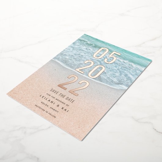 トロピカル海&サンディビーチの日付フォイルを保存 箔招待状 (回転した状態)