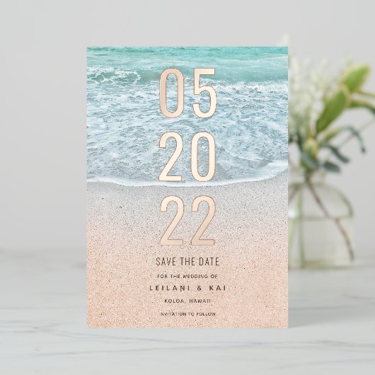 トロピカル海&サンディビーチの日付フォイルを保存 箔招待状 (立ち正面)