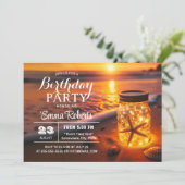 トロピカル白熱［赤熱］光を放つメイソンジャールサンセットビーチ誕生日 招待状 (スタンド正面)