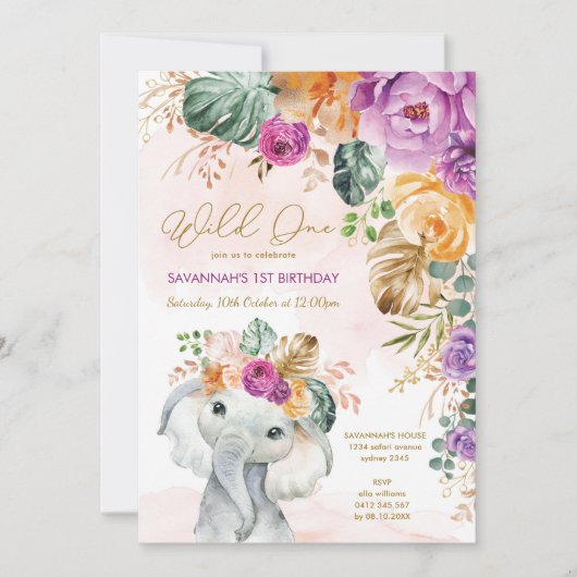 トロピカル秋フローラエレファント1歳の誕生日ガール 招待状 (正面)