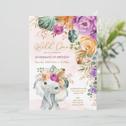 トロピカル秋フローラエレファント1歳の誕生日ガール 招待状 (スタンド正面)