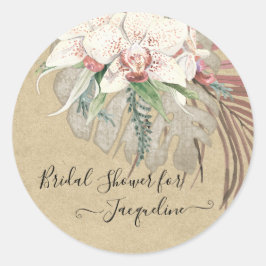 トロピカル素朴クラフトオーキッドセージフローラの葉 ラウンドシール