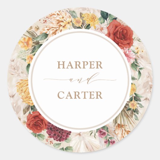 トロピカル素朴ボホパンパスグラスフローラ結婚ズ ラウンドシール (正面)